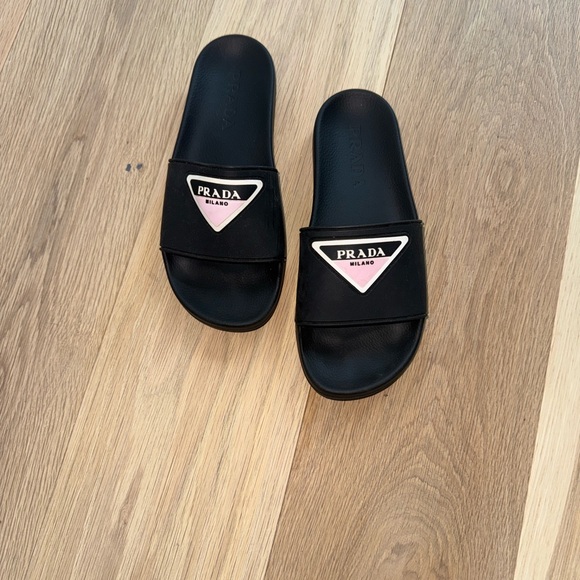 Prada Shoes - Prada Black Slides with Pink Logo